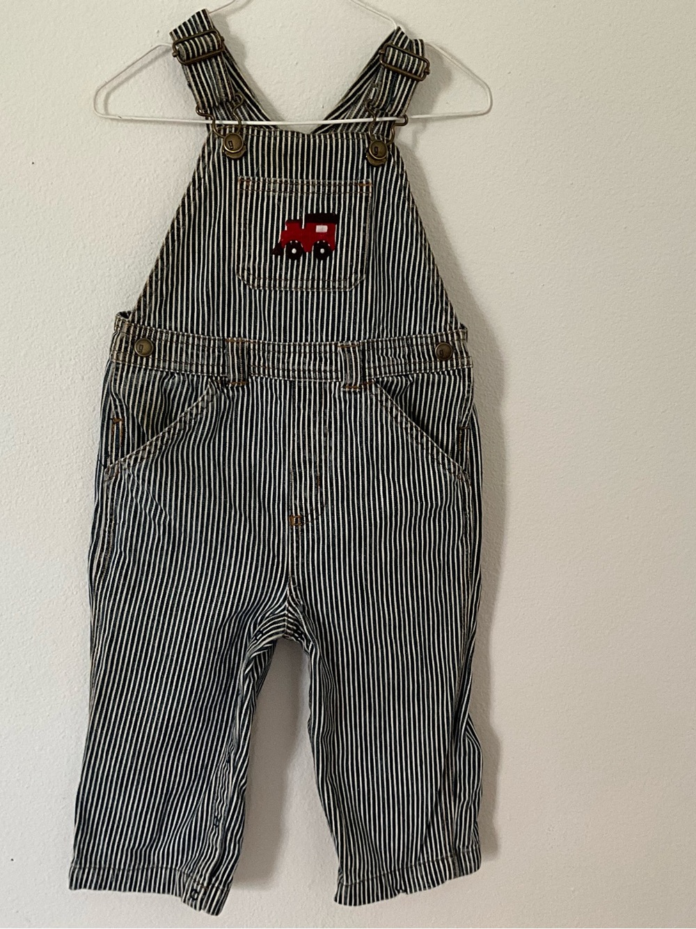 Vintage Gymboree Blue & White Striped Overalls with Red Train Patch 18-24